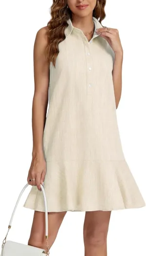 Women's Summer V Neck Button Down Shirt Dress Casual Collared Flowy Cotton Linen Mini Dress with Pockets
