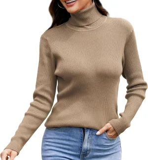 Women's Turtleneck Ribbed Pullover Fashion Long Sleeve Knit Sweater Fall Basic Tops