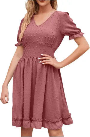 Women's V Neck Casual Vacation Dress Puff Short Sleeve Swiss Dot Swing Ruffle A-Line Mini Beach Summer Dresses 2025
