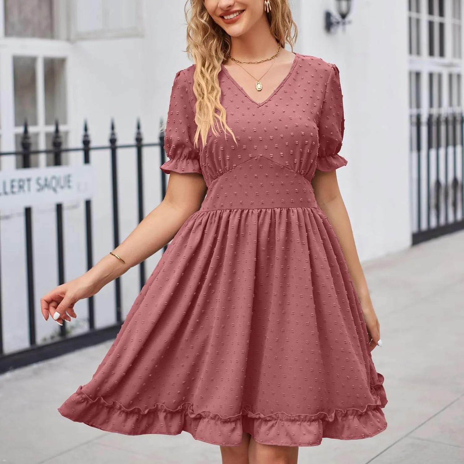 Women's V Neck Casual Vacation Dress Puff Short Sleeve Swiss Dot Swing Ruffle A-Line Mini Beach Summer Dresses 2025