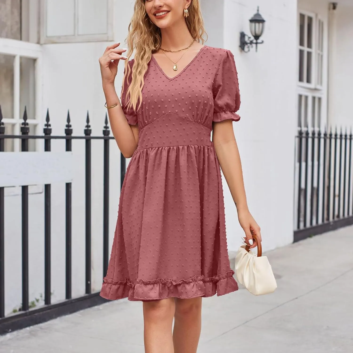Women's V Neck Casual Vacation Dress Puff Short Sleeve Swiss Dot Swing Ruffle A-Line Mini Beach Summer Dresses 2025