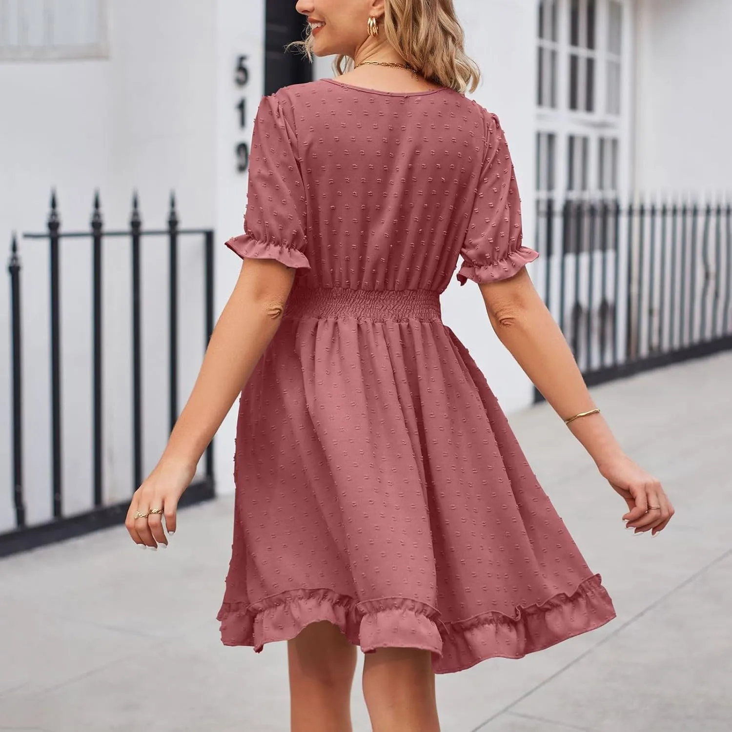 Women's V Neck Casual Vacation Dress Puff Short Sleeve Swiss Dot Swing Ruffle A-Line Mini Beach Summer Dresses 2025