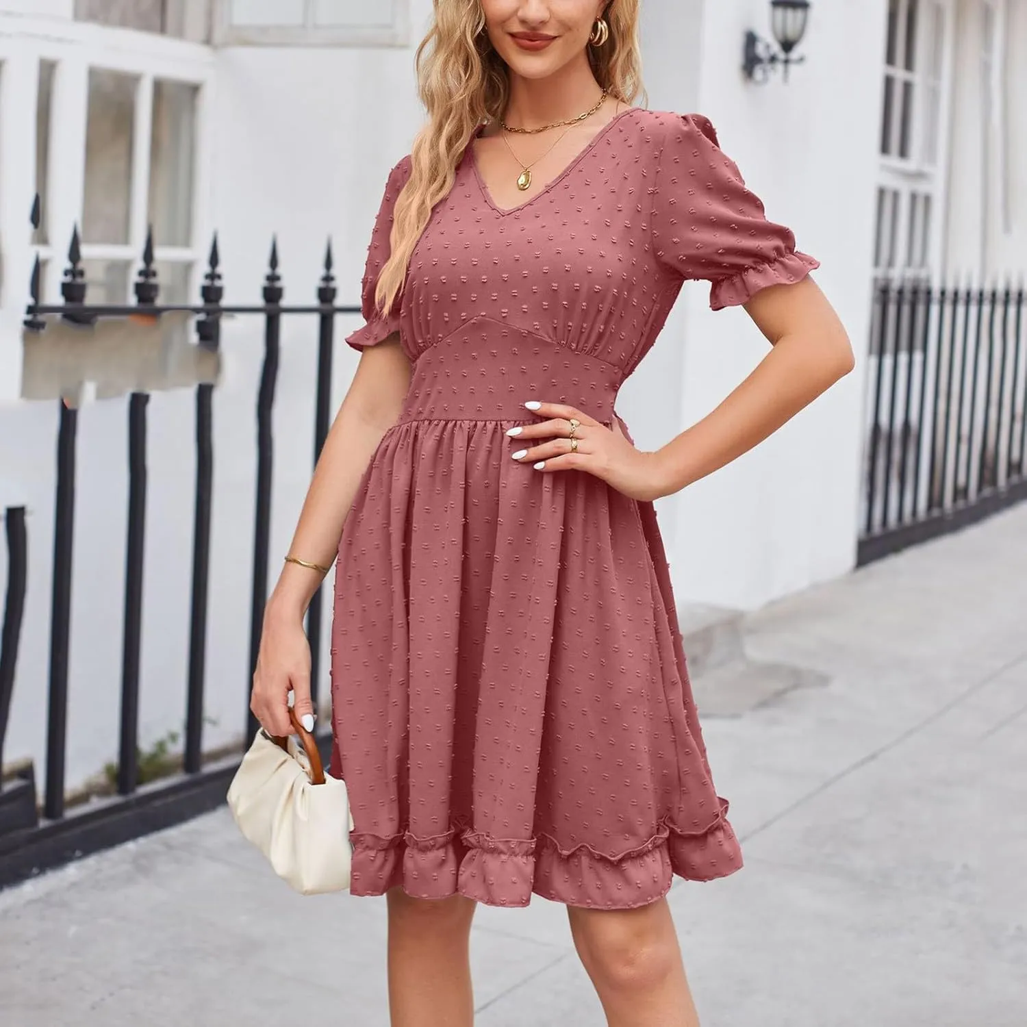 Women's V Neck Casual Vacation Dress Puff Short Sleeve Swiss Dot Swing Ruffle A-Line Mini Beach Summer Dresses 2025