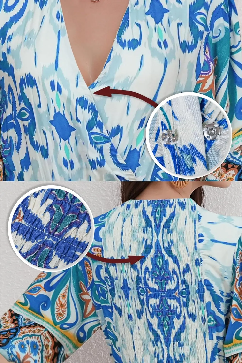 Womens V Neck Short Sleeves High Waist Floral Print Casual Bohemian Midi Dresses