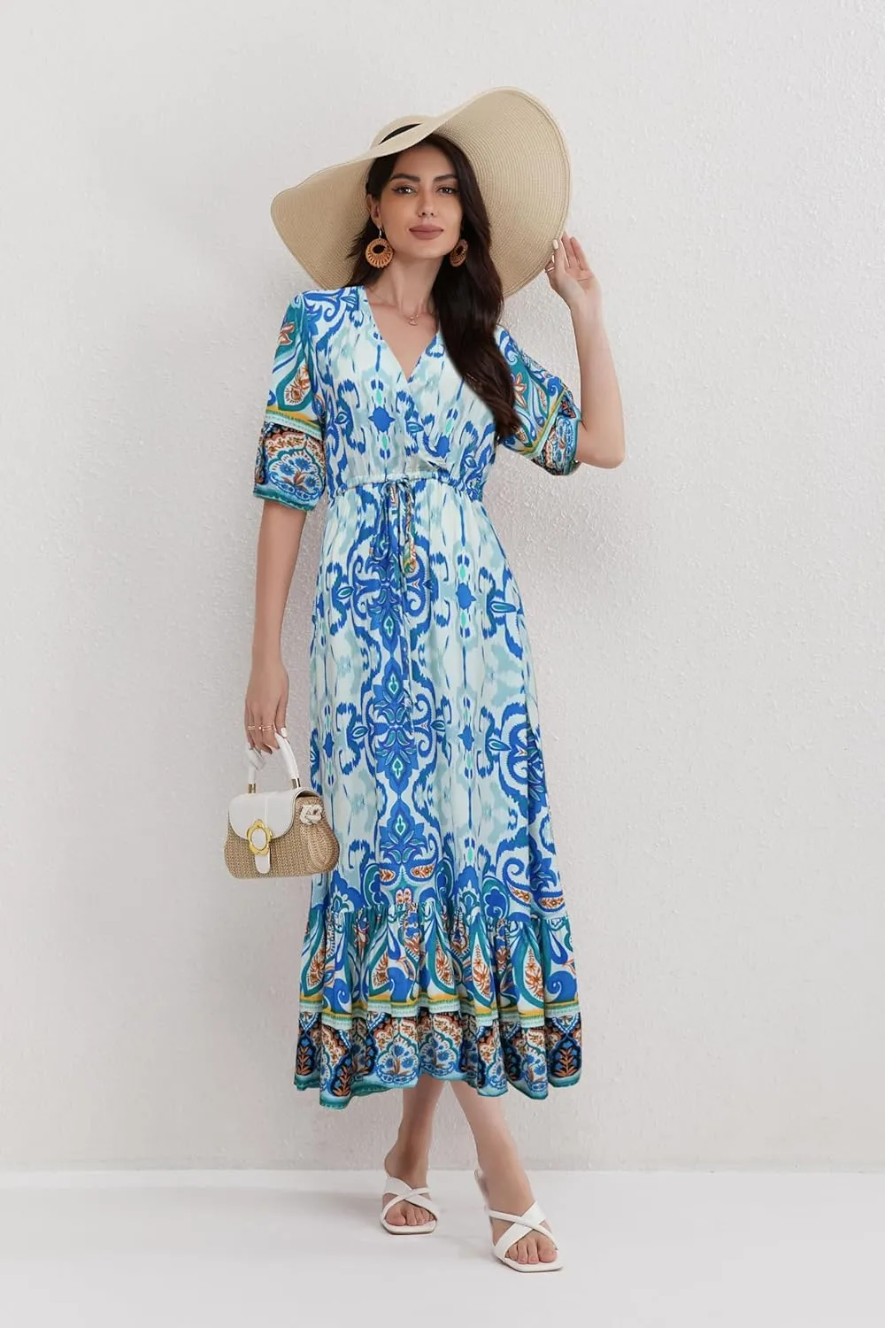 Womens V Neck Short Sleeves High Waist Floral Print Casual Bohemian Midi Dresses