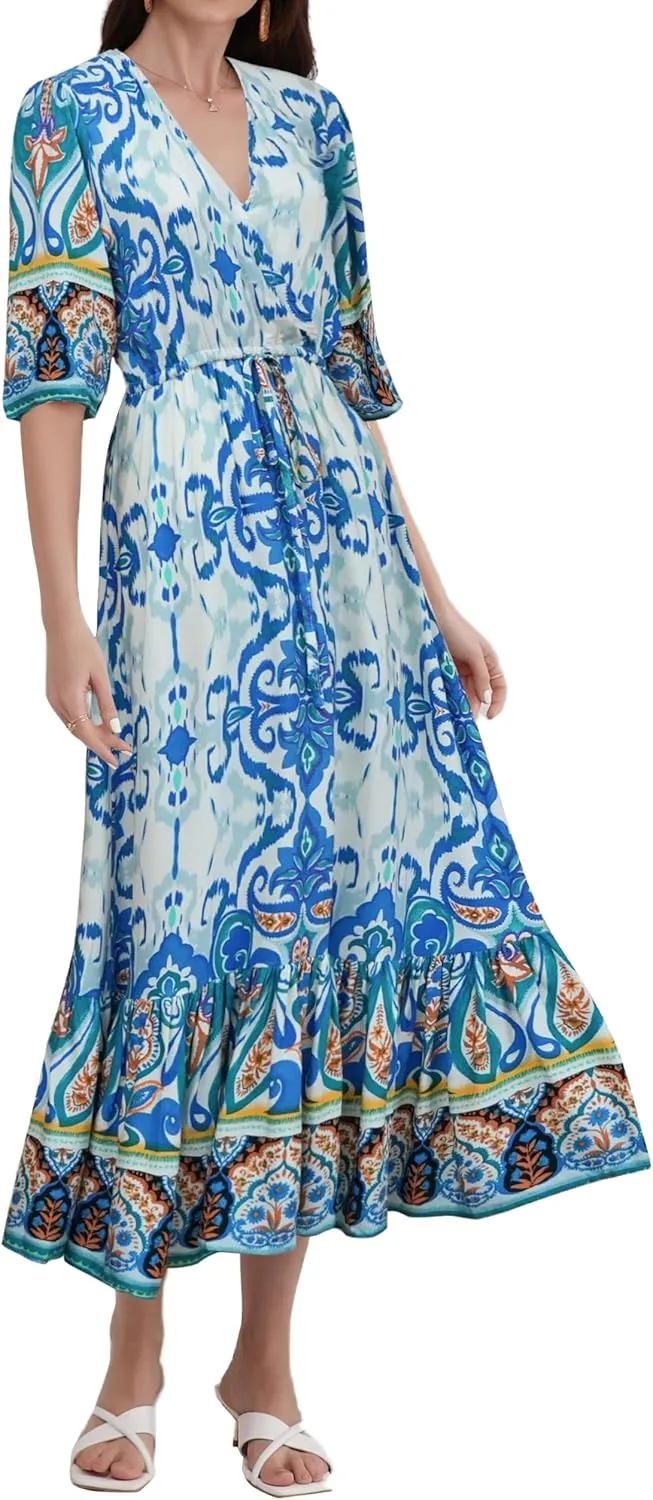 Womens V Neck Short Sleeves High Waist Floral Print Casual Bohemian Midi Dresses