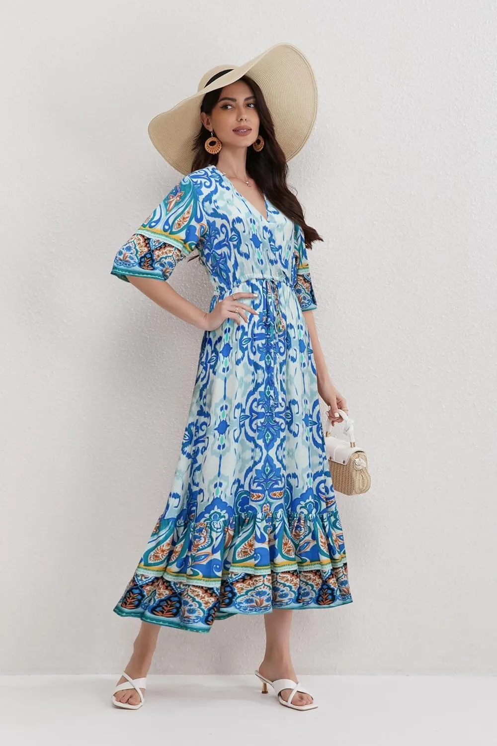 Womens V Neck Short Sleeves High Waist Floral Print Casual Bohemian Midi Dresses