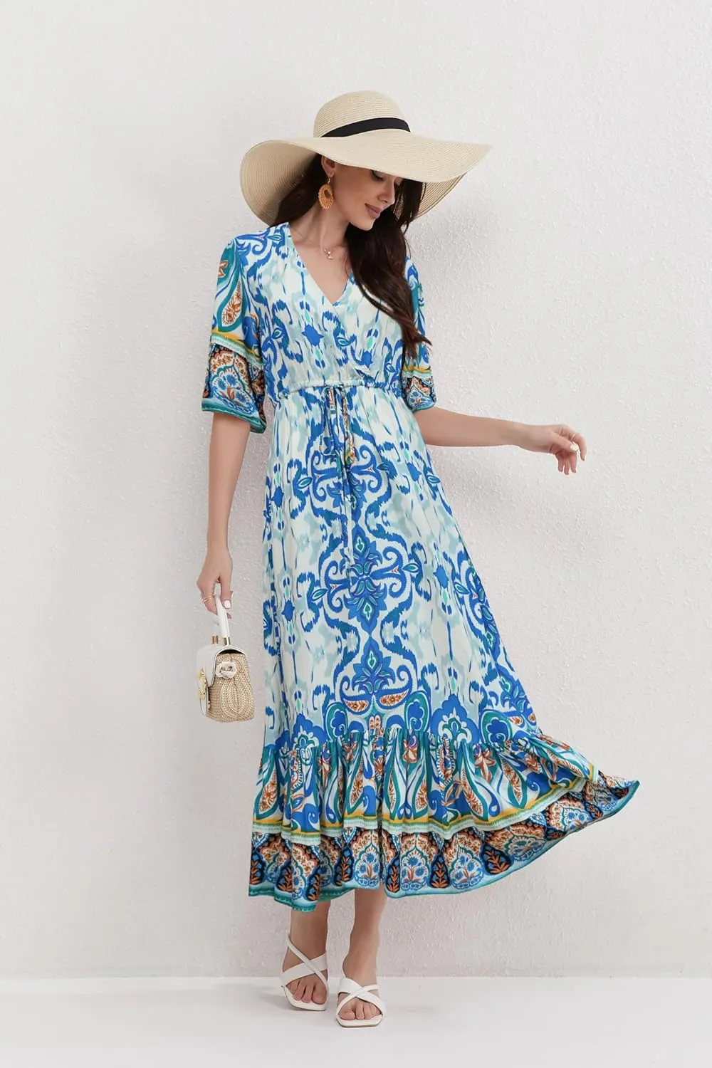 Womens V Neck Short Sleeves High Waist Floral Print Casual Bohemian Midi Dresses