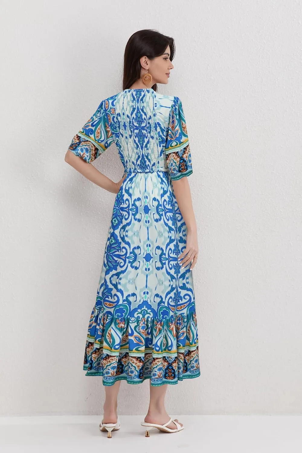 Womens V Neck Short Sleeves High Waist Floral Print Casual Bohemian Midi Dresses