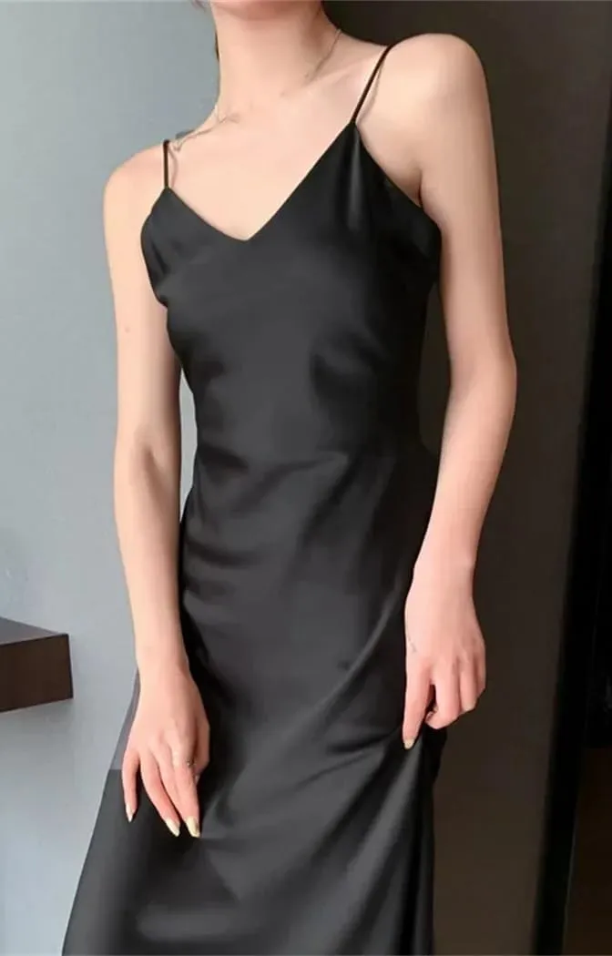 Women's V-Neck Slim Silk Satin Dress Summer Sleeveless Spaghetti Strap Beach Vacation Casual Dress
