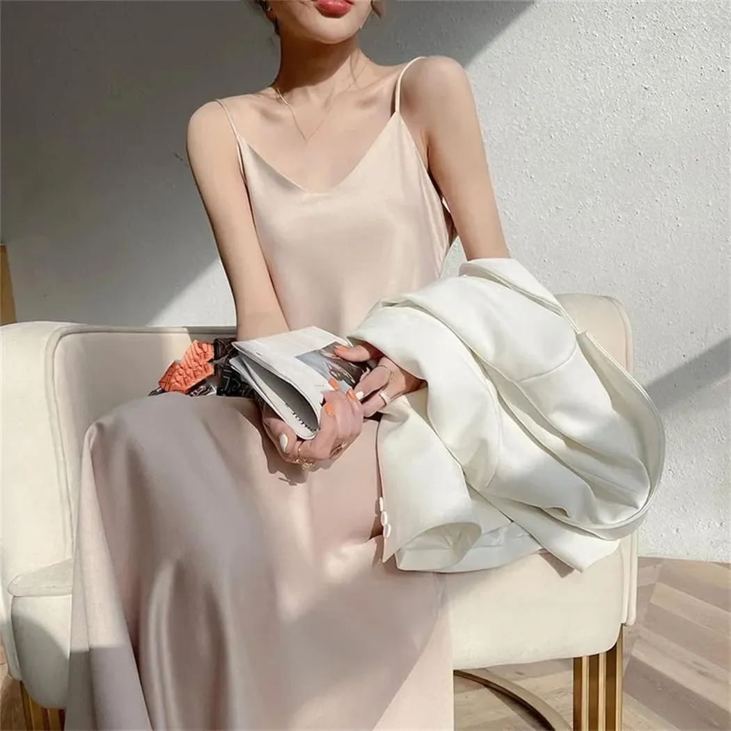 Women's V-Neck Slim Silk Satin Dress Summer Sleeveless Spaghetti Strap Beach Vacation Casual Dress