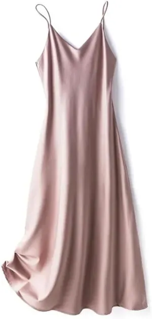 Women's V-Neck Slim Silk Satin Dress Summer Sleeveless Spaghetti Strap Beach Vacation Casual Dress