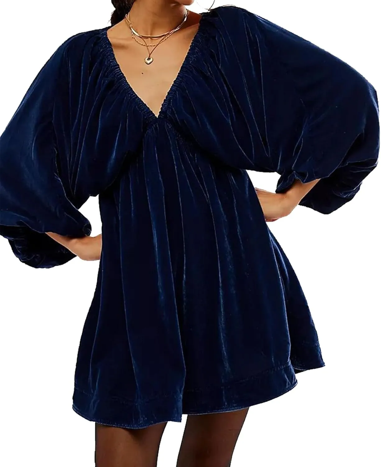 Womens Velvet Mini Dress Deep V Neck Puff Sleeve Elastic High Waist A-Line Swing Short Dress