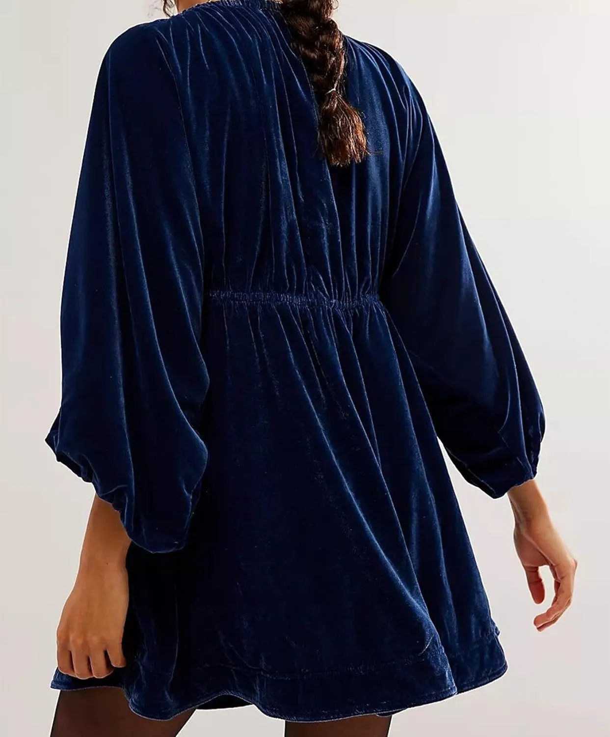 Womens Velvet Mini Dress Deep V Neck Puff Sleeve Elastic High Waist A-Line Swing Short Dress