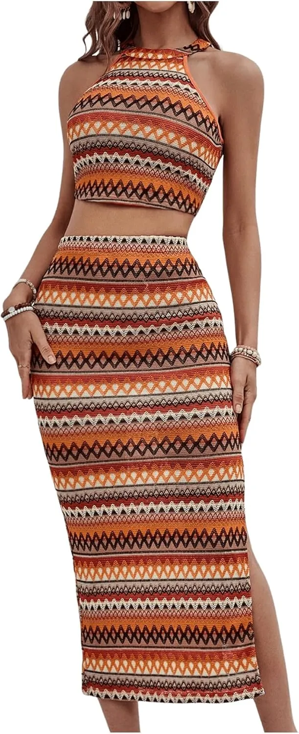 Women's Y2K 2 Piece Outfits Boho Sleeveless Halter Crop Top and Split Thigh Bodycon Long Skirt Set