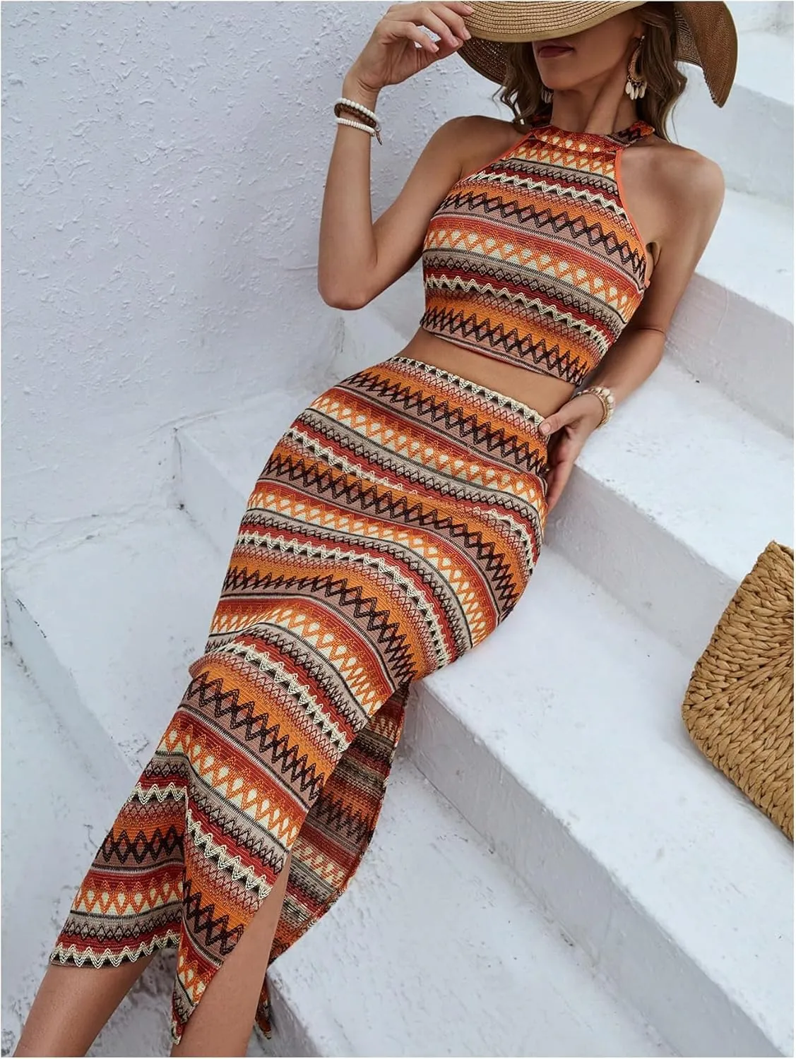 Women's Y2K 2 Piece Outfits Boho Sleeveless Halter Crop Top and Split Thigh Bodycon Long Skirt Set
