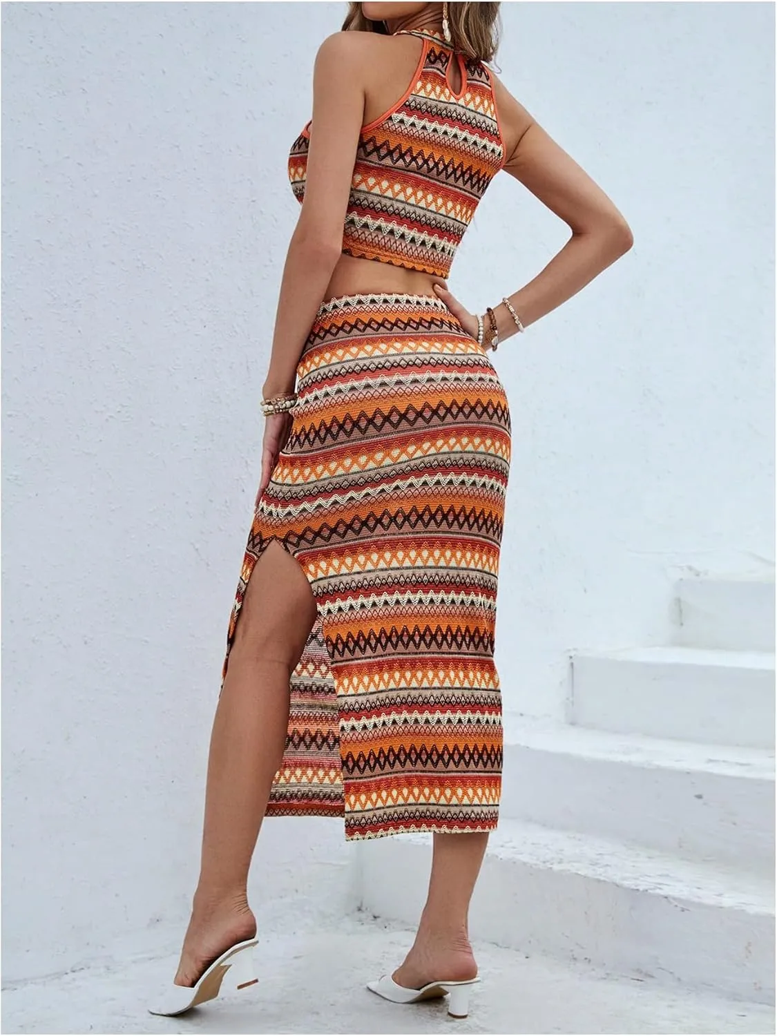 Women's Y2K 2 Piece Outfits Boho Sleeveless Halter Crop Top and Split Thigh Bodycon Long Skirt Set