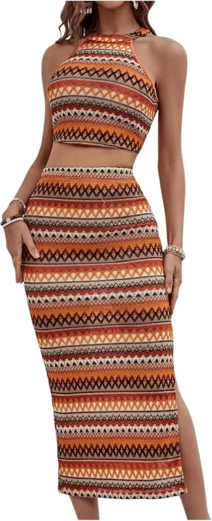 Women's Y2K 2 Piece Outfits Boho Sleeveless Halter Crop Top and Split Thigh Bodycon Long Skirt Set