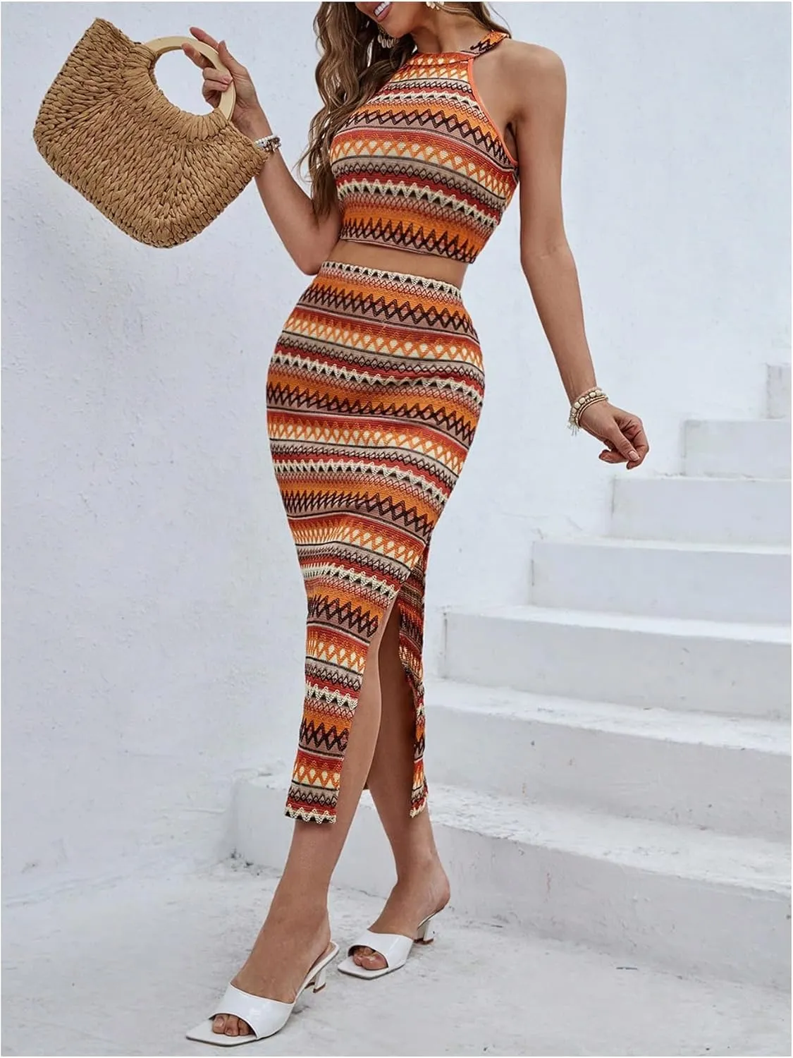 Women's Y2K 2 Piece Outfits Boho Sleeveless Halter Crop Top and Split Thigh Bodycon Long Skirt Set