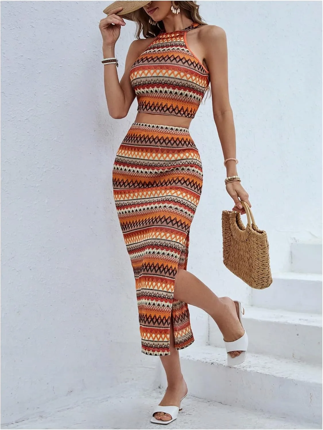 Women's Y2K 2 Piece Outfits Boho Sleeveless Halter Crop Top and Split Thigh Bodycon Long Skirt Set