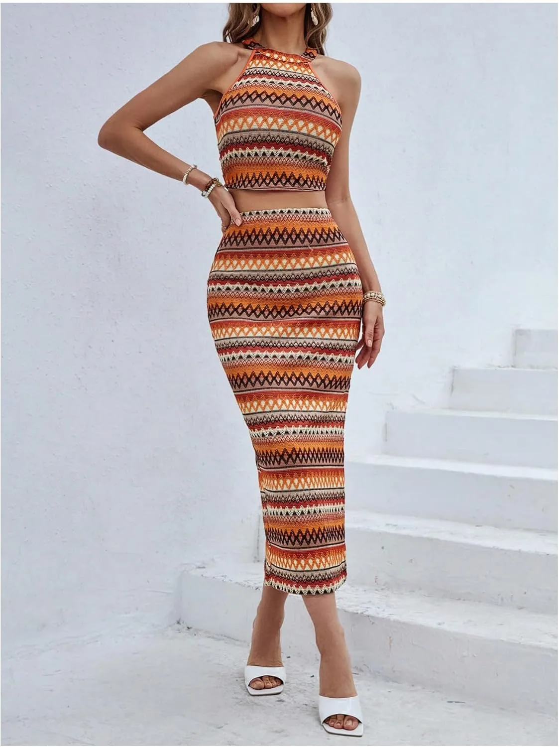 Women's Y2K 2 Piece Outfits Boho Sleeveless Halter Crop Top and Split Thigh Bodycon Long Skirt Set