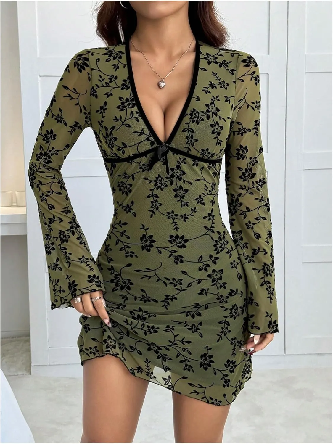 Women's Y2k Floral Mesh Dress Bow V Neck Long Bell Sleeve Fitted A Line Ruffle Mini Dresses