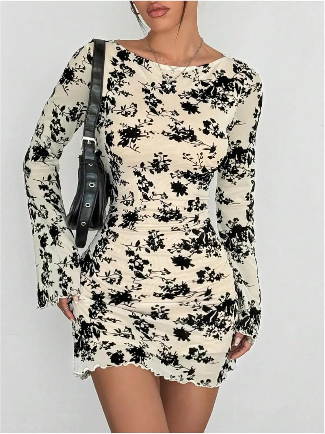 Women's Y2K Floral Mini Dress Meah Sheer Crew Neck Long Bell Sleeve Ruched Bodycon Dresses