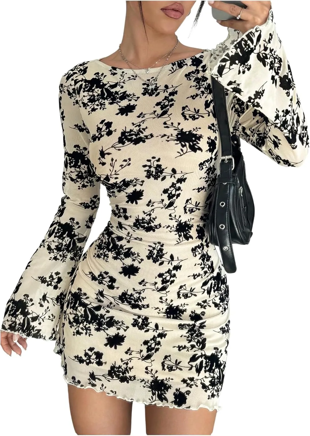 Women's Y2K Floral Mini Dress Meah Sheer Crew Neck Long Bell Sleeve Ruched Bodycon Dresses