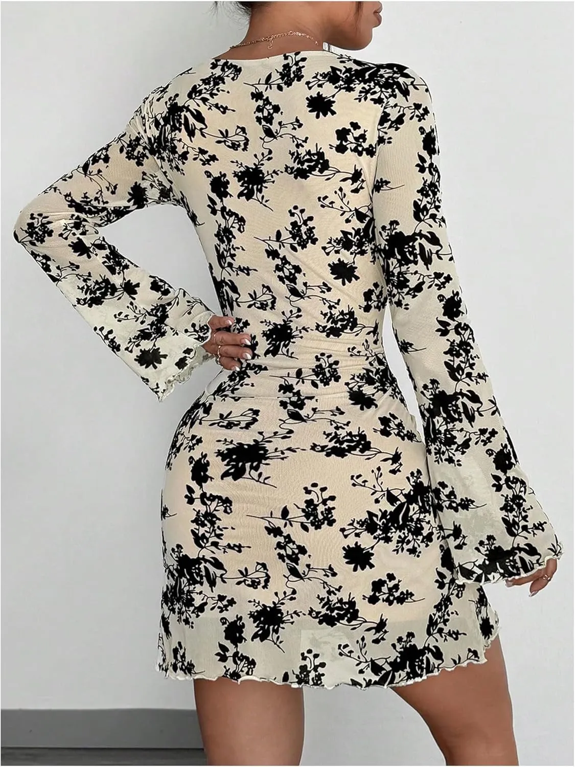 Women's Y2K Floral Mini Dress Meah Sheer Crew Neck Long Bell Sleeve Ruched Bodycon Dresses