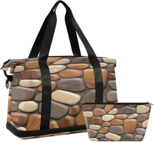 Wooden Stones Texture Sports Gym Bag with Waterproof Dry Wet Pocket, Travel Duffel Bag for Women MenWorkout Bag Fits Yoga, Swimming