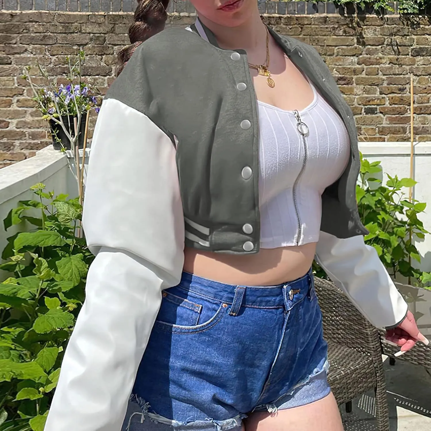 Xaspee Women's Casual Baseball Jacket Faux Leather Colorblock Button Crop Bomber Jacket