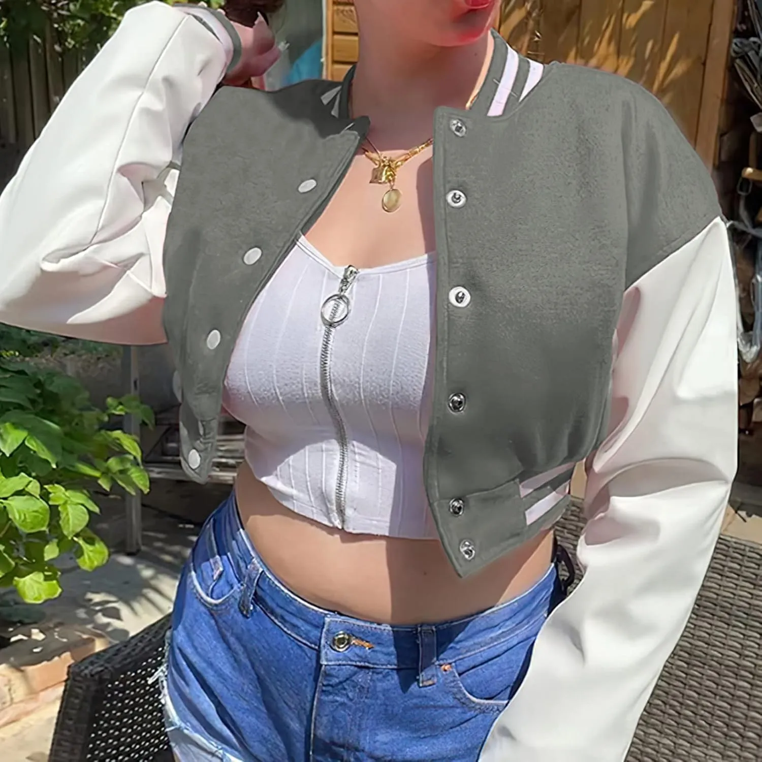 Xaspee Women's Casual Baseball Jacket Faux Leather Colorblock Button Crop Bomber Jacket