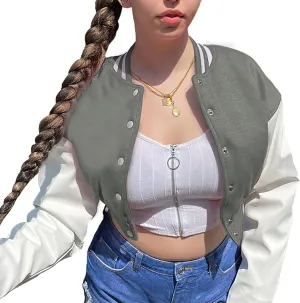 Xaspee Women's Casual Baseball Jacket Faux Leather Colorblock Button Crop Bomber Jacket