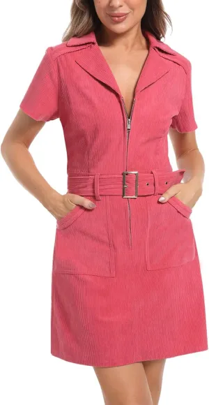 Xaspee Women's Corduroy Mini Dress Short Sleeve Lapel V Neck Zip Belted Short Cowgirl Dress with Pockets