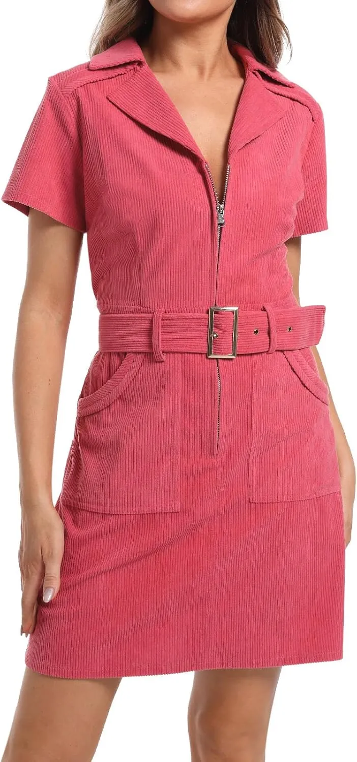 Xaspee Women's Corduroy Mini Dress Short Sleeve Lapel V Neck Zip Belted Short Cowgirl Dress with Pockets