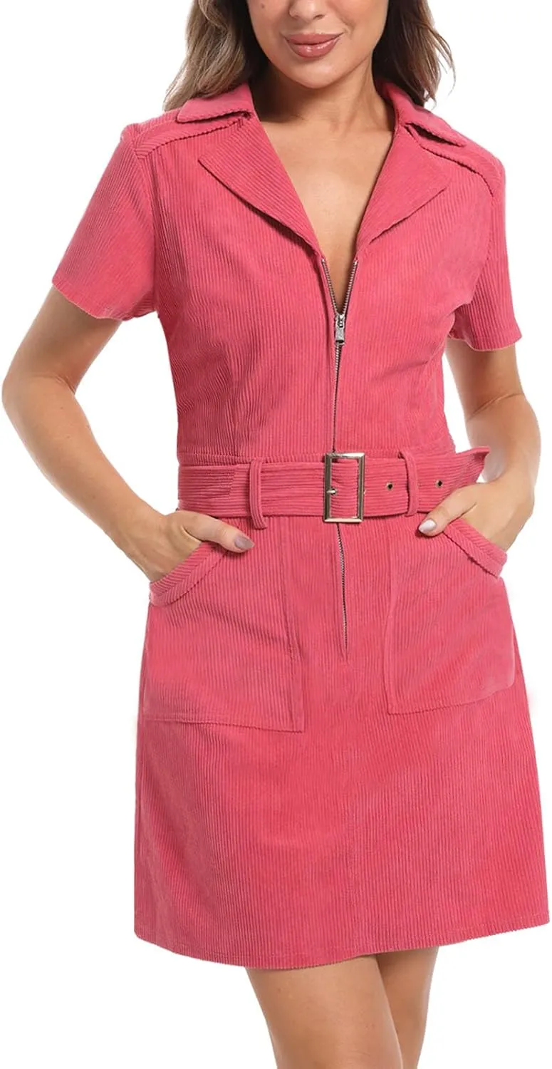 Xaspee Women's Corduroy Mini Dress Short Sleeve Lapel V Neck Zip Belted Short Cowgirl Dress with Pockets