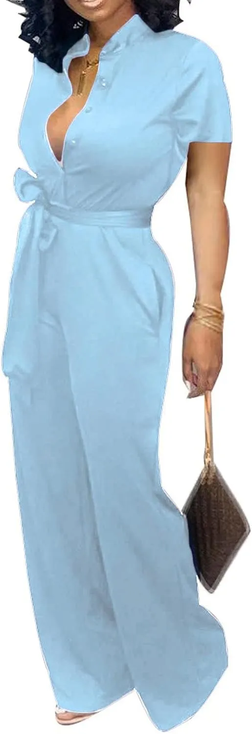 Xinlees Womens Elegant Jumpsuit Casual Stand Collar Button Down Long Pants Rompers Straight Club Outfits