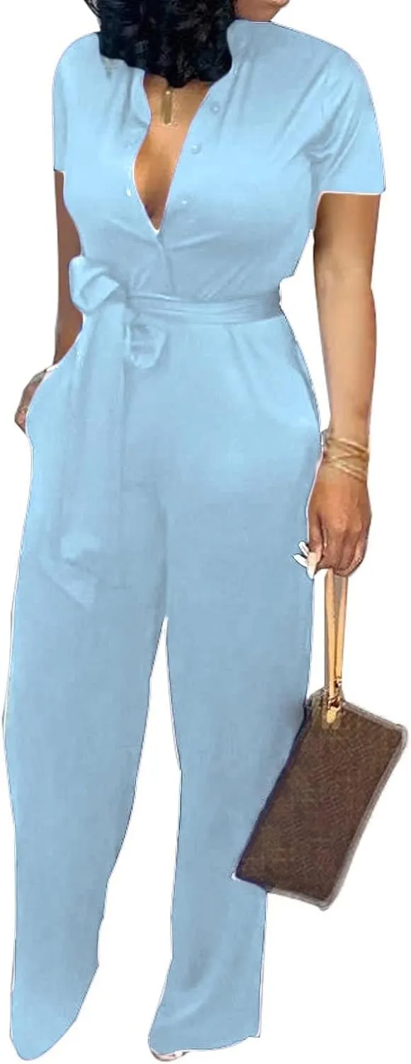 Xinlees Womens Elegant Jumpsuit Casual Stand Collar Button Down Long Pants Rompers Straight Club Outfits