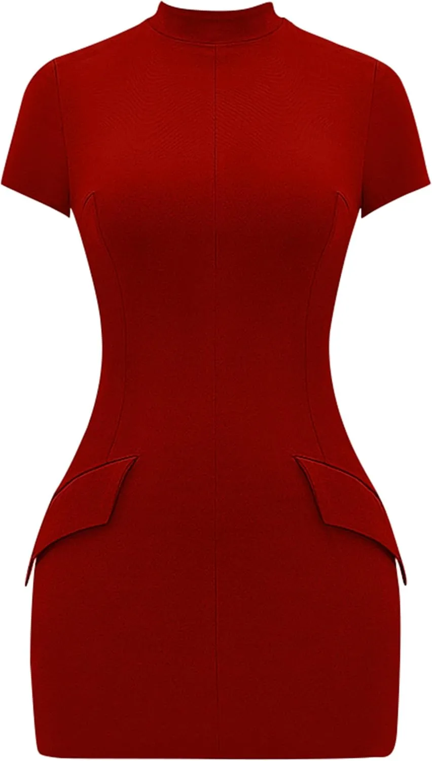 YMDUCH Women's Short Sleeve Mock Turtle Neck Bodycon Mini Tank Short Party Dress