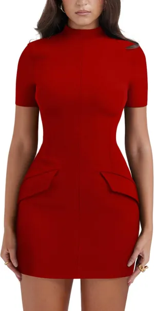 YMDUCH Women's Short Sleeve Mock Turtle Neck Bodycon Mini Tank Short Party Dress