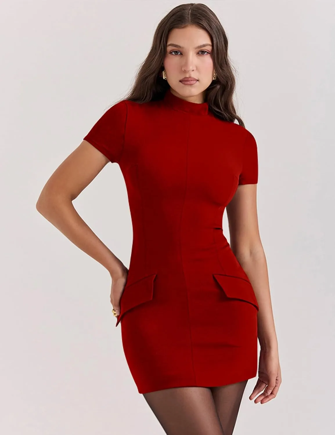 YMDUCH Women's Short Sleeve Mock Turtle Neck Bodycon Mini Tank Short Party Dress