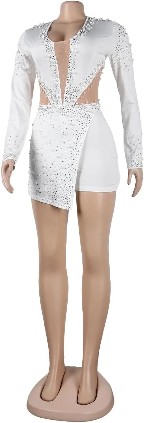 Yuopeid Women's Sexy Cowl Neck See Through Bodycon Club Romper Long Sleeve Rhinestone Pearl Party Mini Jumpsuit