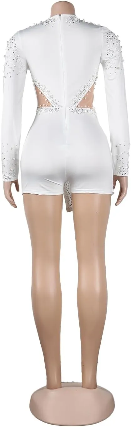 Yuopeid Women's Sexy Cowl Neck See Through Bodycon Club Romper Long Sleeve Rhinestone Pearl Party Mini Jumpsuit