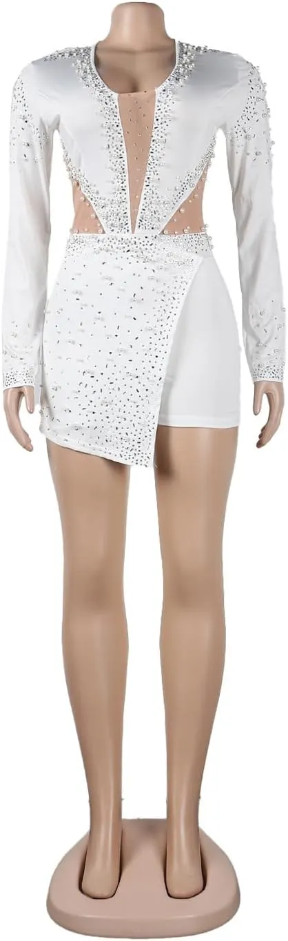 Yuopeid Women's Sexy Cowl Neck See Through Bodycon Club Romper Long Sleeve Rhinestone Pearl Party Mini Jumpsuit