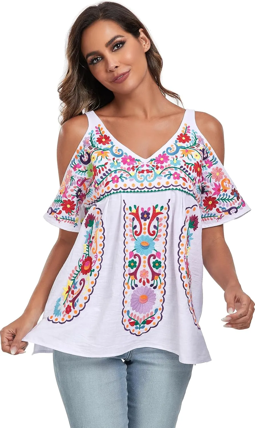 YZXDORWJ Women's Mexican Tops Cold Shoulder V Neck Sexy Blouse Short Sleeve Shirts Embroidered Floral Tunic