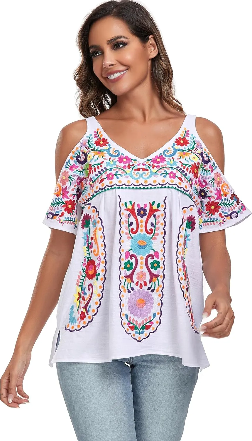 YZXDORWJ Women's Mexican Tops Cold Shoulder V Neck Sexy Blouse Short Sleeve Shirts Embroidered Floral Tunic