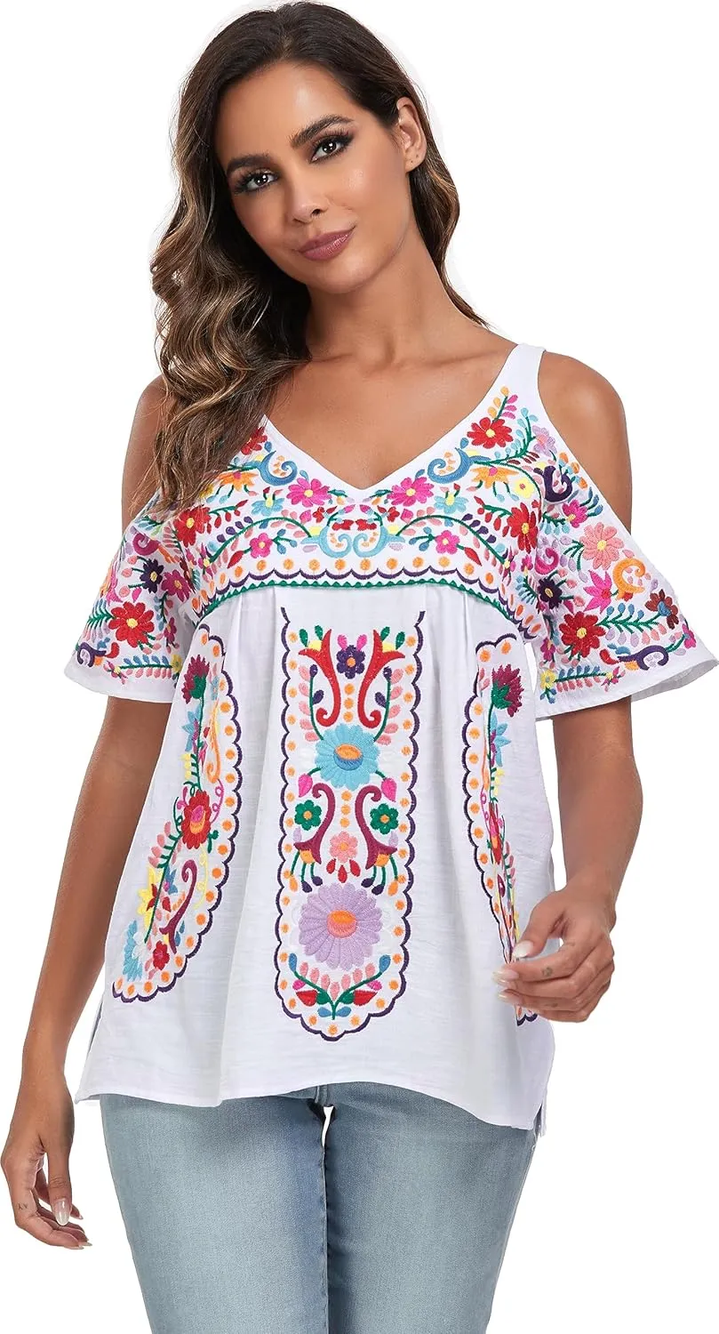 YZXDORWJ Women's Mexican Tops Cold Shoulder V Neck Sexy Blouse Short Sleeve Shirts Embroidered Floral Tunic