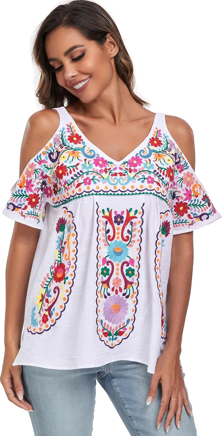 YZXDORWJ Women's Mexican Tops Cold Shoulder V Neck Sexy Blouse Short Sleeve Shirts Embroidered Floral Tunic