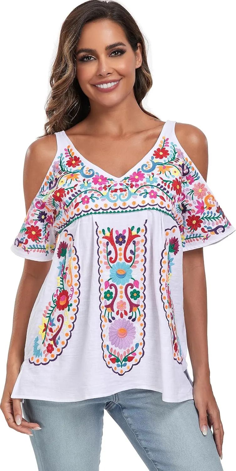 YZXDORWJ Women's Mexican Tops Cold Shoulder V Neck Sexy Blouse Short Sleeve Shirts Embroidered Floral Tunic