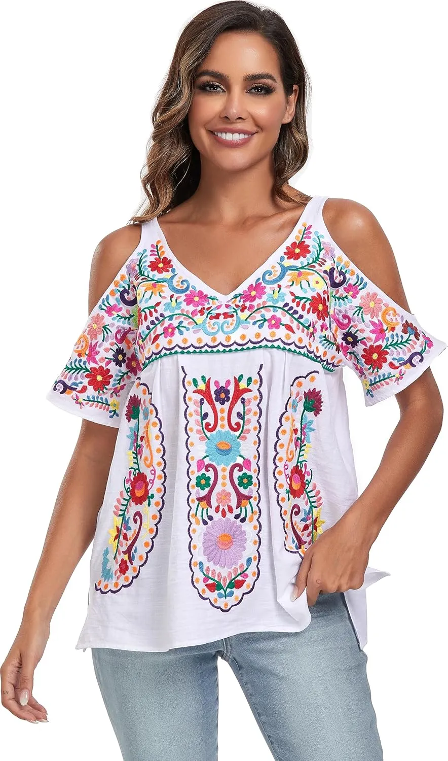 YZXDORWJ Women's Mexican Tops Cold Shoulder V Neck Sexy Blouse Short Sleeve Shirts Embroidered Floral Tunic